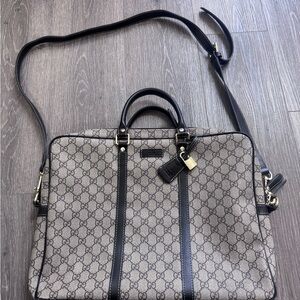 Gucci Beige GG Supreme Briefcase with Black Leather Trim